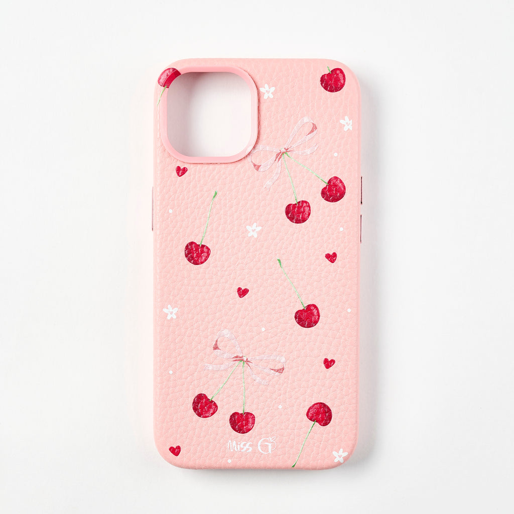Leather case with cherries and bows pattern