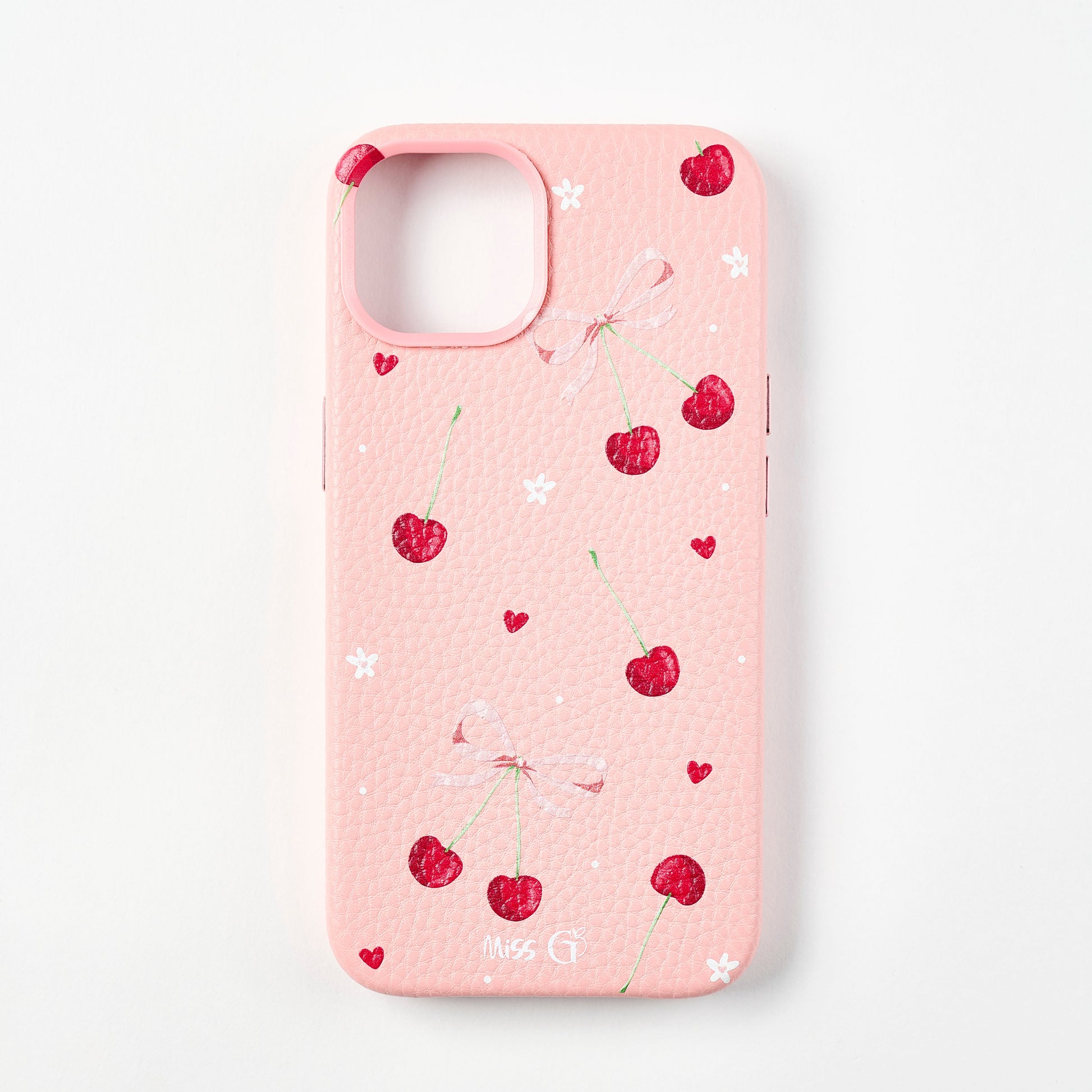 Leather case with cherries and bows pattern