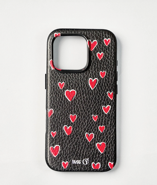 Leather case with red and white hearts pattern