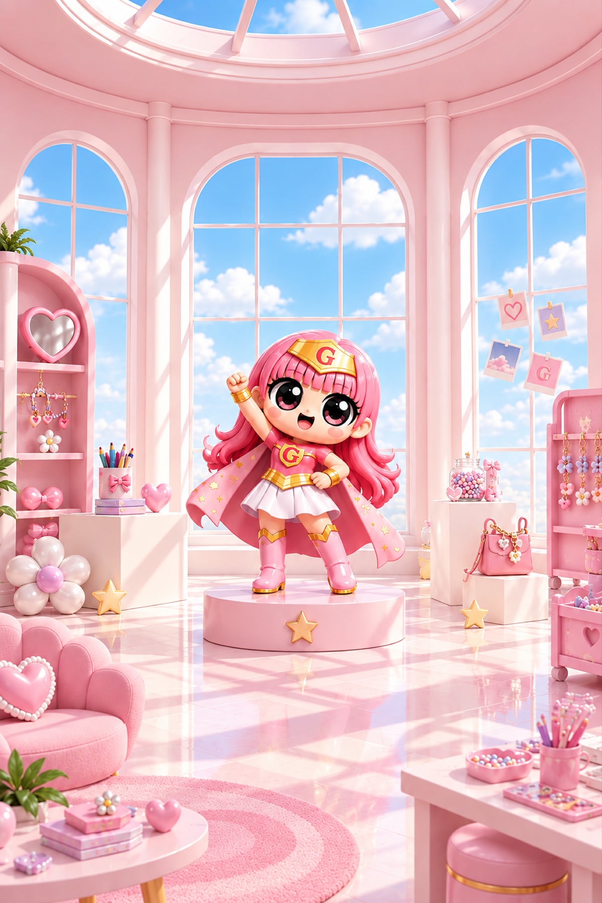 A stylized pink fantasy doll or character figure stands on a round pedestal in a pastel pink room with large arched windows, clouds outside, shelves, and small accessories.