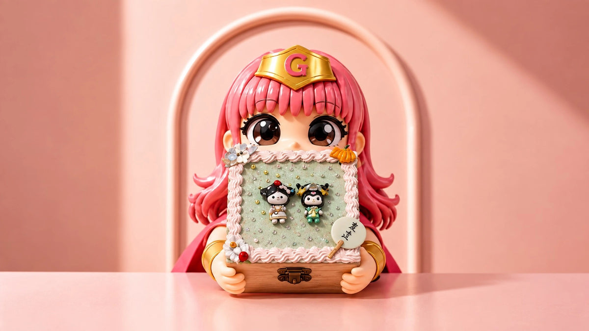 A stylized collectible figurine of a character with pink hair holding a framed artwork, posed on a pink surface against a pink background.