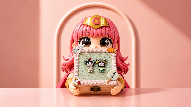 A stylized collectible figurine of a character with pink hair holding a framed artwork, posed on a pink surface against a pink background.