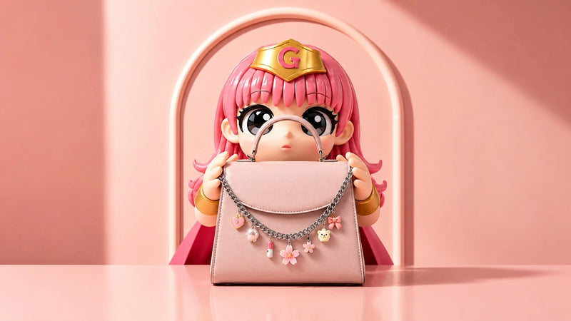 A pink-haired anime-style doll or figurine sits centered in front of a pink arched backdrop, holding a blush pink handbag with a silver chain and small flower charms.