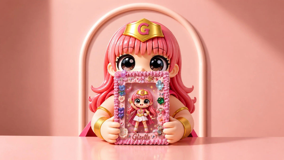 A pink-haired doll character wearing a gold tiara sits behind a pink decorative frame holding a smaller doll figure, set against a soft pink studio background with a curved pink chair back visible behind it.