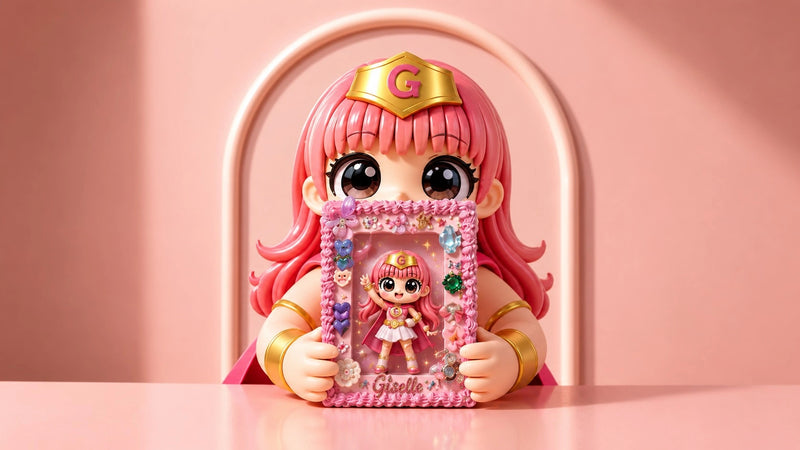 A pink-haired doll character wearing a gold tiara sits behind a pink decorative frame holding a smaller doll figure, set against a soft pink studio background with a curved pink chair back visible behind it.