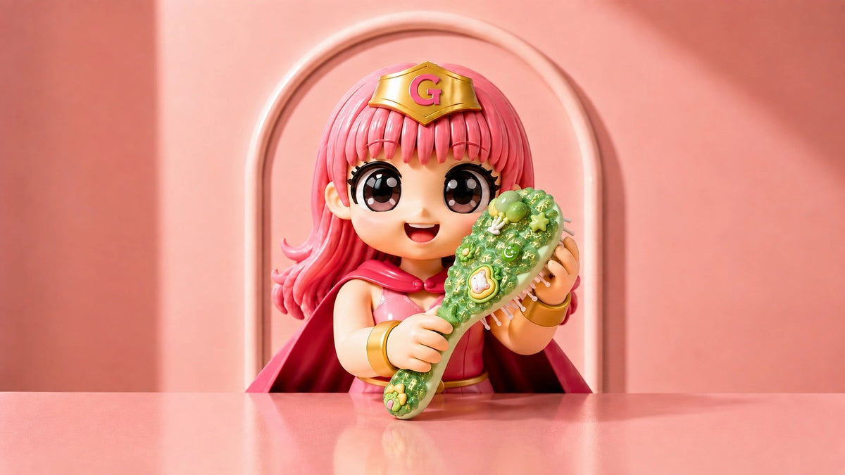A pink-haired toy figurine with a gold crown and red cape, holding a green textured staff, posed in front of a pink arched backdrop on a pink surface.