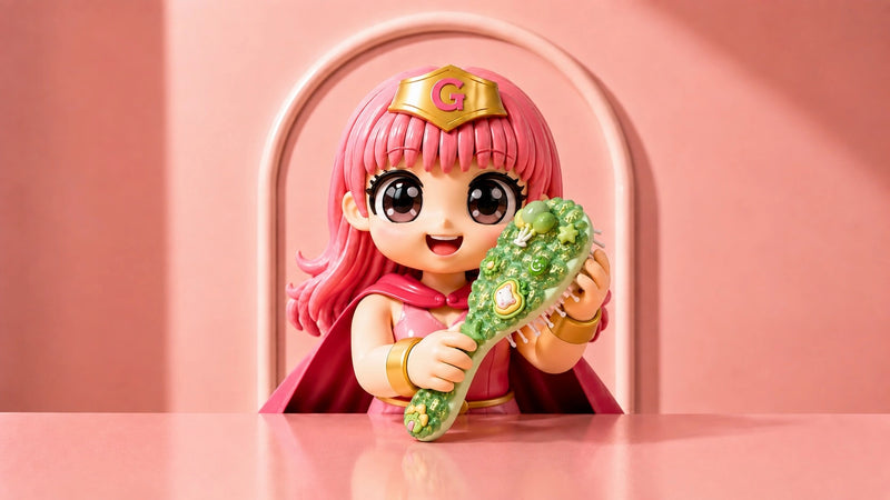 A pink-haired toy figurine with a gold crown and red cape, holding a green textured staff, posed in front of a pink arched backdrop on a pink surface.