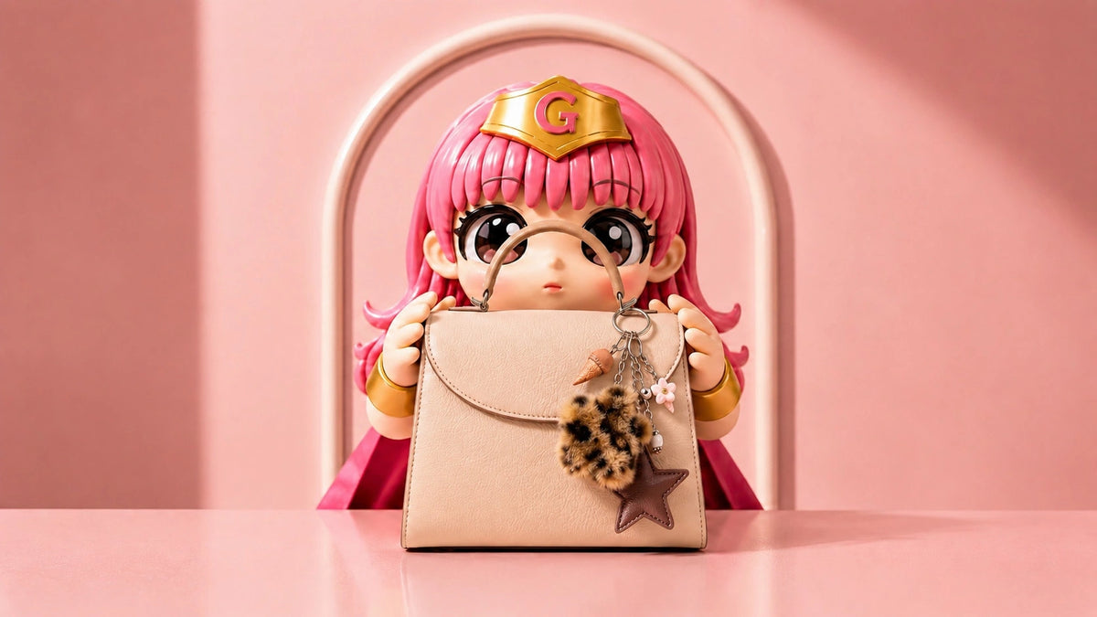 A beige handbag with a leopard-print charm and star keychain, held by a stylized pink-haired doll against a pink background.