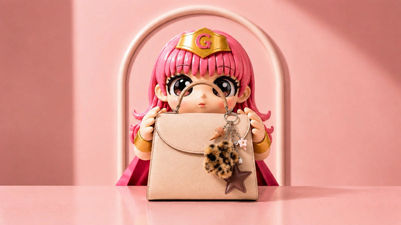 A beige handbag with a leopard-print charm and star keychain, held by a stylized pink-haired doll against a pink background.