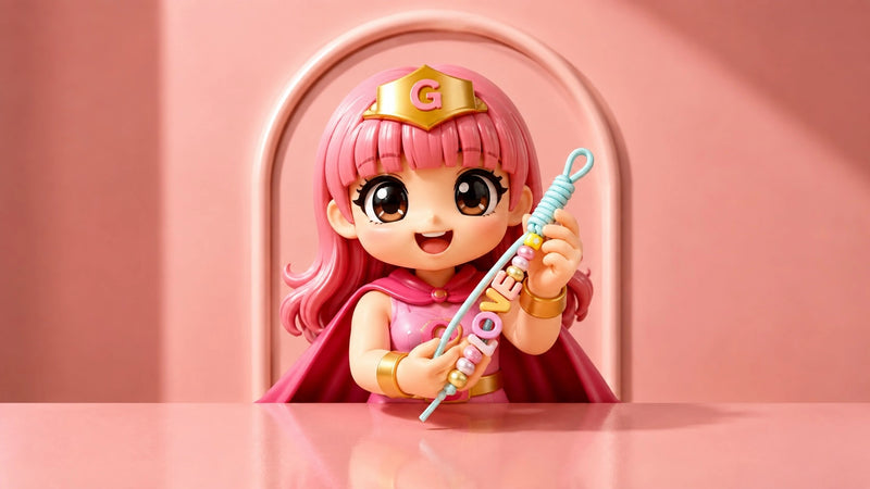 A pink-haired chibi-style toy figure wearing a crown and cape, holding a wand with colorful letter beads spelling "PRINCESS," posed in front of a pink arched backdrop.