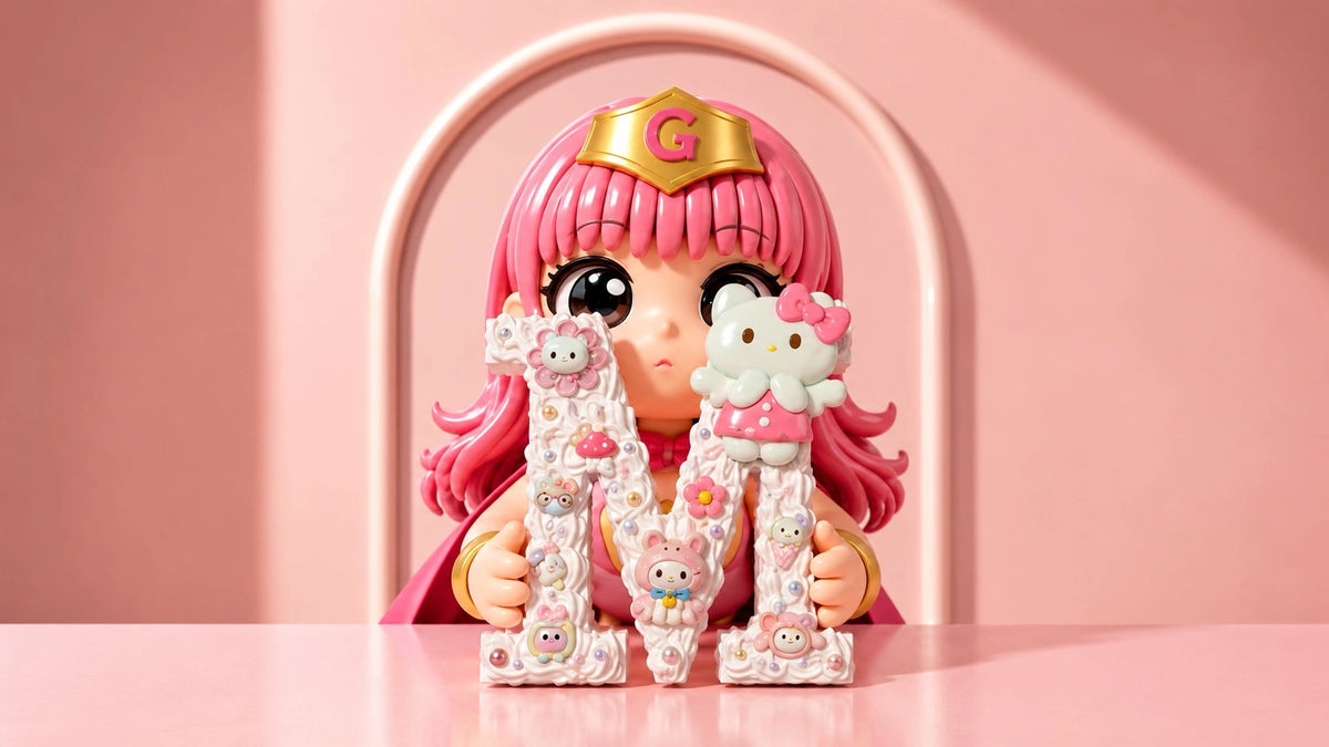 A pink-haired stylized doll or collectible figure sits behind a large decorative letter M covered in pastel character motifs, with a white Hello Kitty figure on top, against a soft pink studio background with a white arched frame.