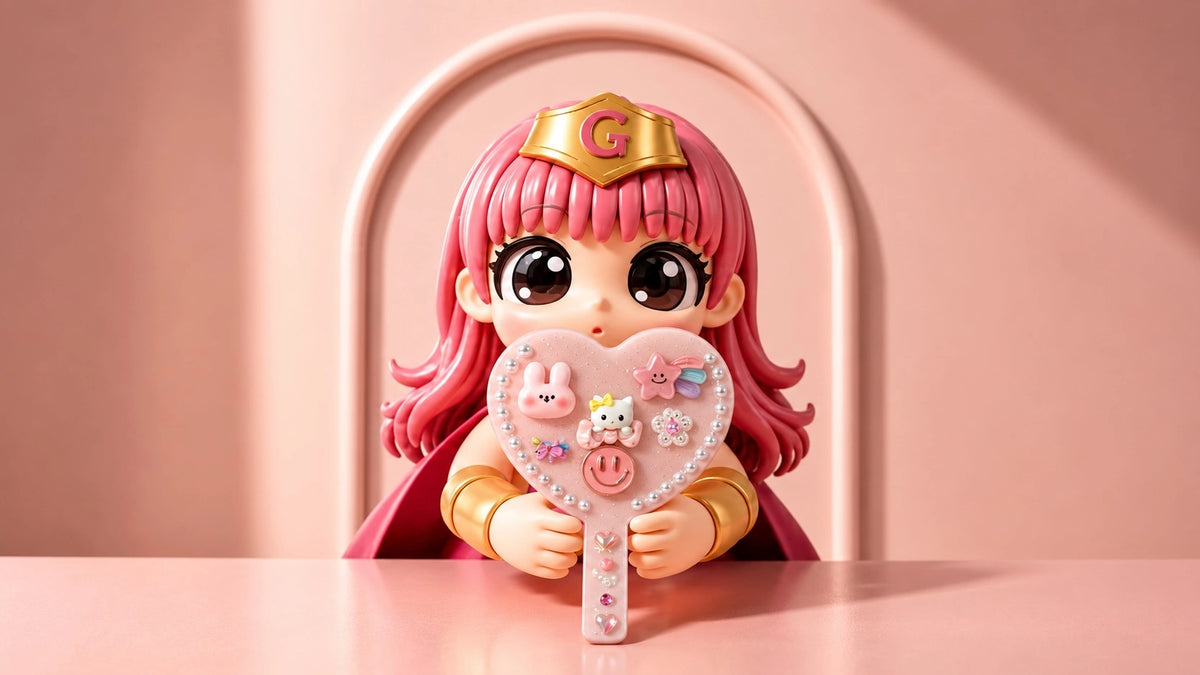 A stylized collectible figurine of a pink-haired character with a gold crown and cape, holding a heart-shaped mirror decorated with small charms, set against a soft pink background.