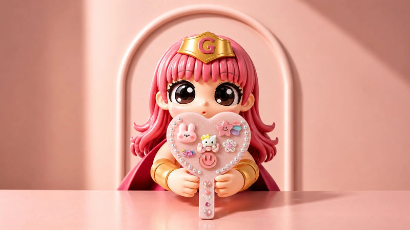 A stylized collectible figurine of a pink-haired character with a gold crown and cape, holding a heart-shaped mirror decorated with small charms, set against a soft pink background.