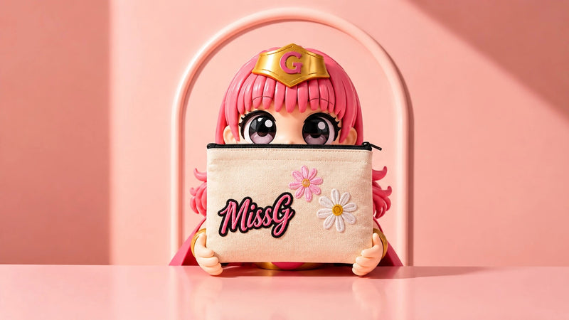A pink-haired anime-style doll or figurine holding a beige pouch with 'MissG' and flower embroidery, posed in front of a pink arched backdrop on a pink surface.
