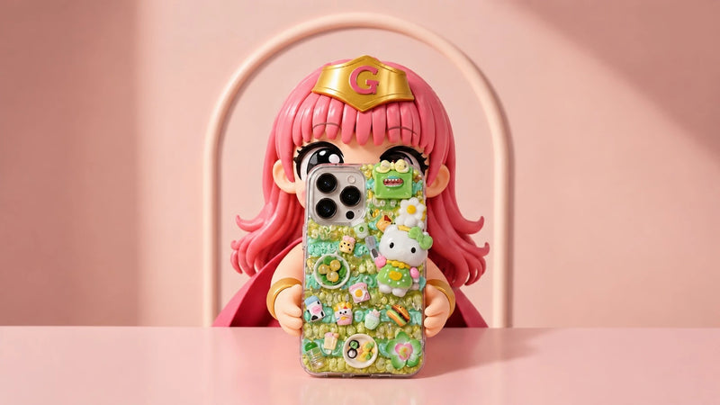 A pink-haired anime-style doll or collectible figure sits at a pink table holding a smartphone with a heavily decorated green and pastel phone case featuring cartoon characters.