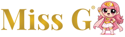 Miss G logo featuring gold serif lettering and a chibi-style pink-haired superhero character on a white background.
